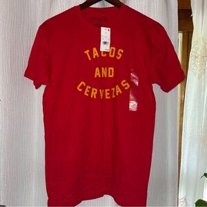 Fifth Sun Red Tee with Yellow Tacos and Cervezas Print